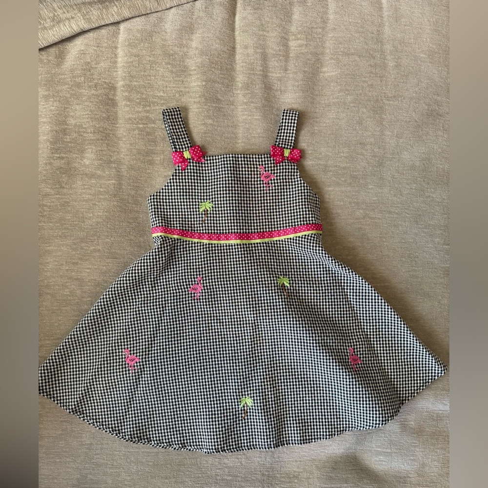 Bonnie Jean Gingham Flamingo Dress Toddler 3T Embroidered Palm Trees & Bows - Picture 2 of 10